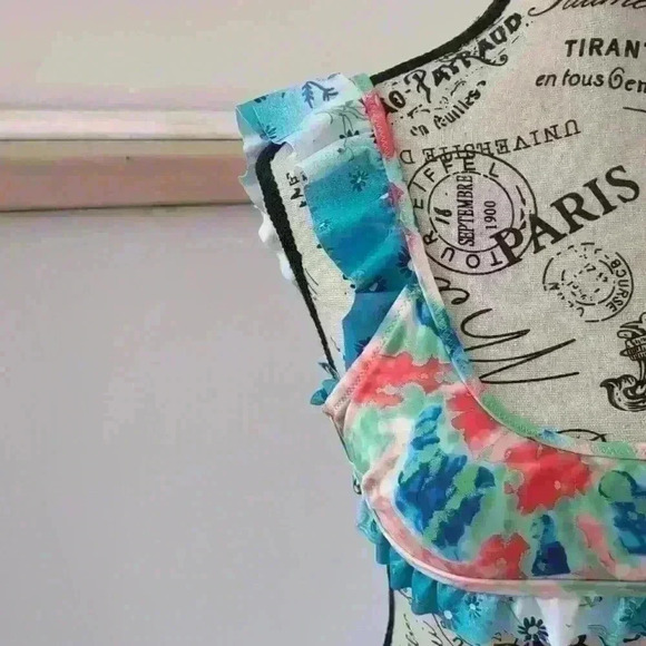 AERIE | Women's Tie  Dye Floral Scoop Neck Ruffled Bikini Top - Picture 2 of 4